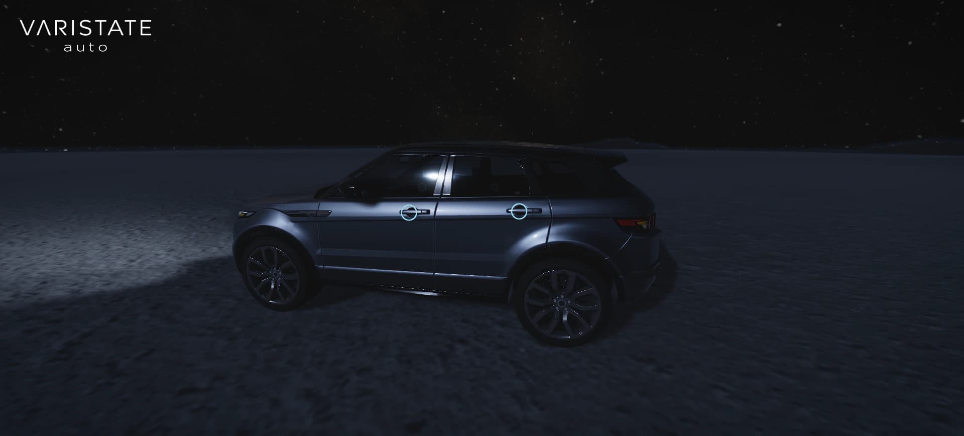 Dark silver SUV in side profile on a salt flat beneath a star-filled night sky