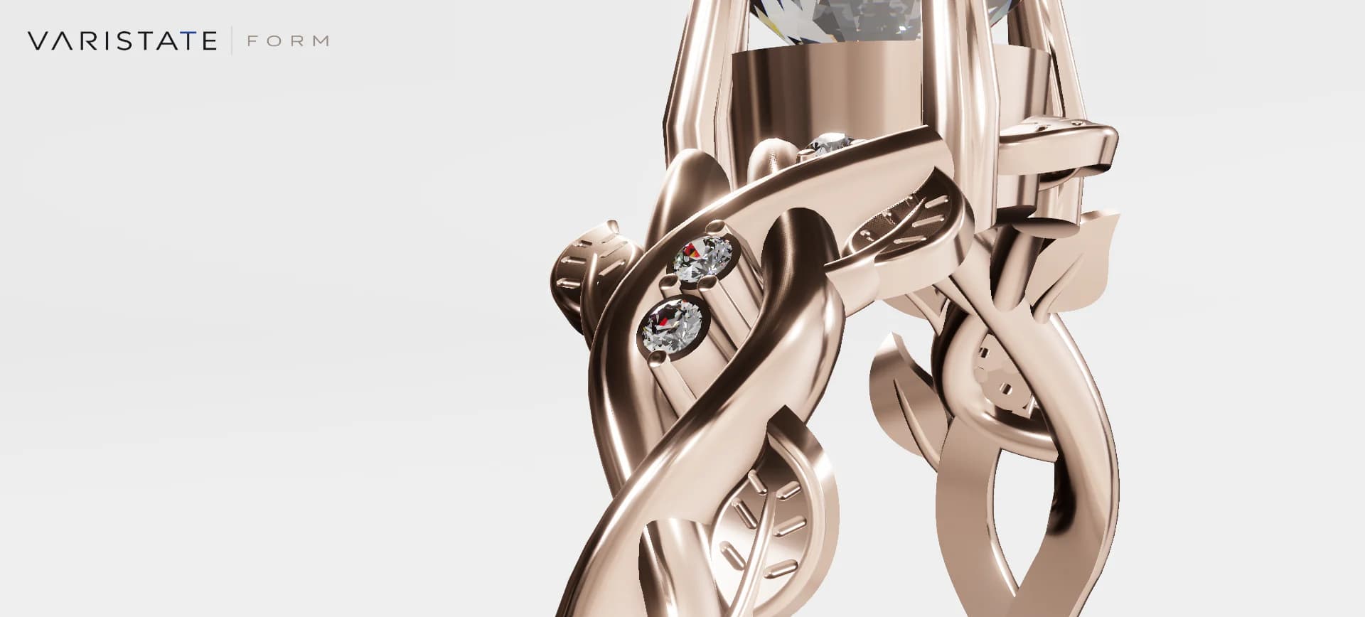 Close view beneath a rose-gold ring's centre setting with curved shoulders, clear accent stones and leaf shapes