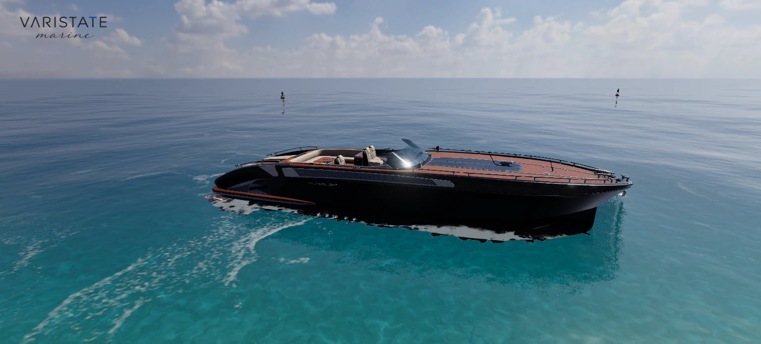 Black and teak sport yacht viewed broadside over turquoise water