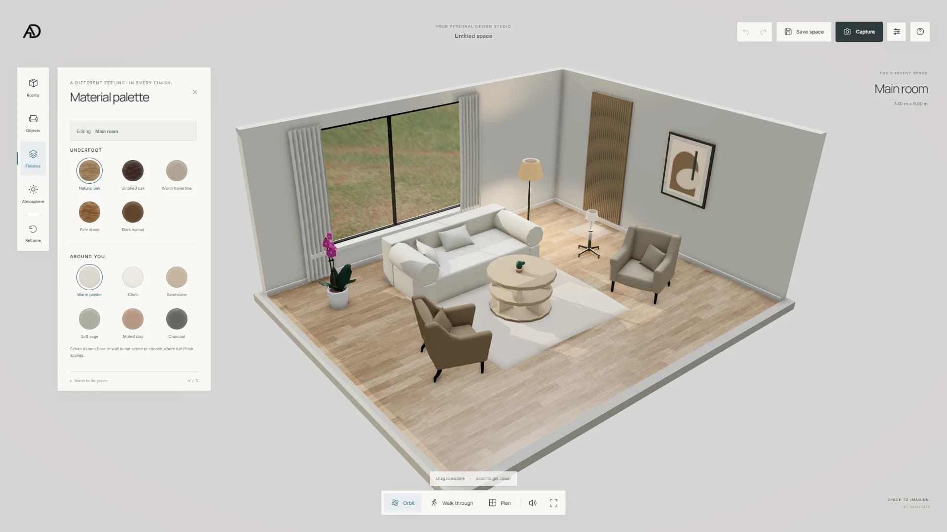 Floor and wall finish swatches alongside a furnished room in the VariState SPACE 3D room planner