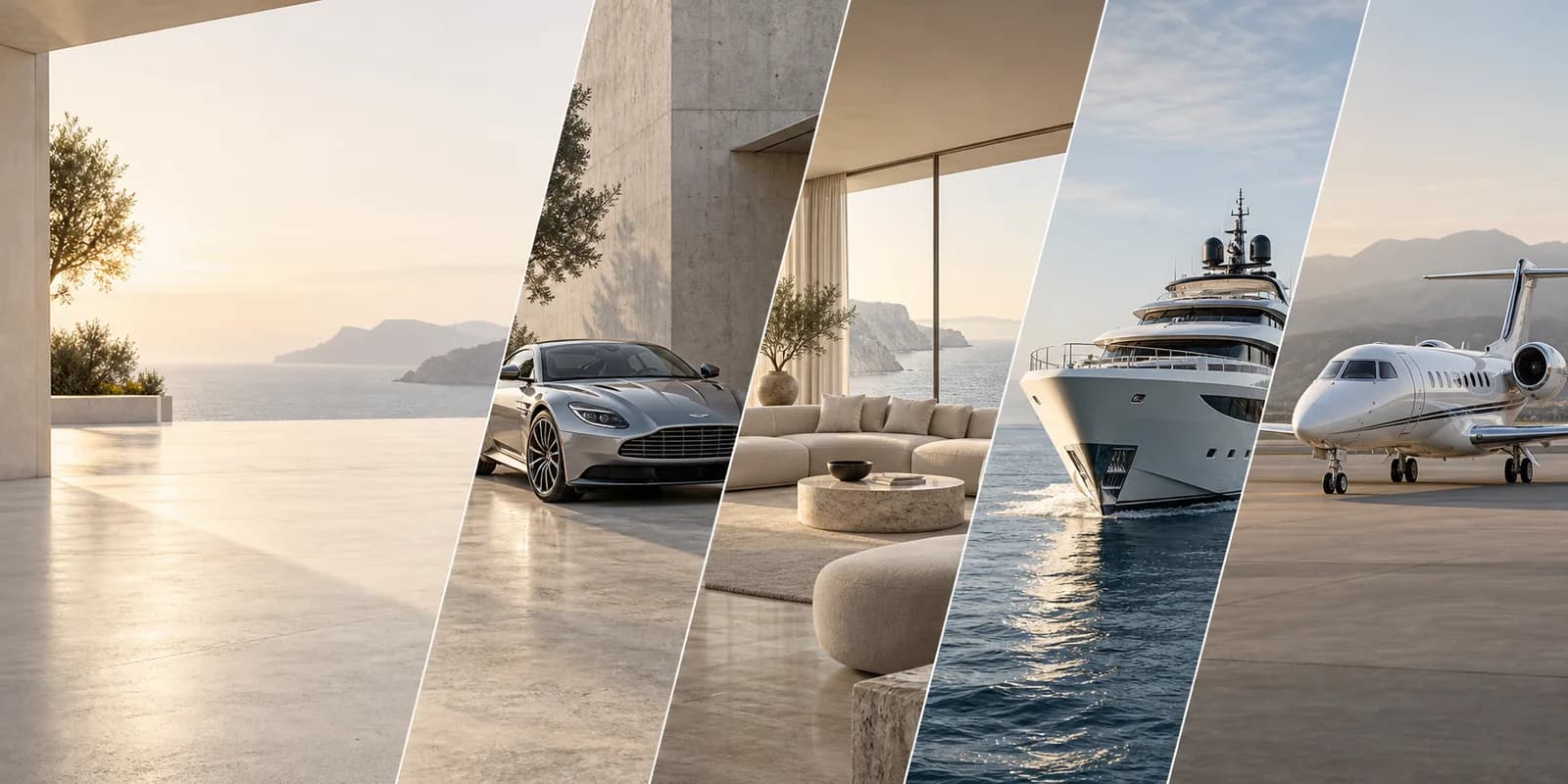 A sports car, interior, yacht and private aircraft in a four-part visual collage