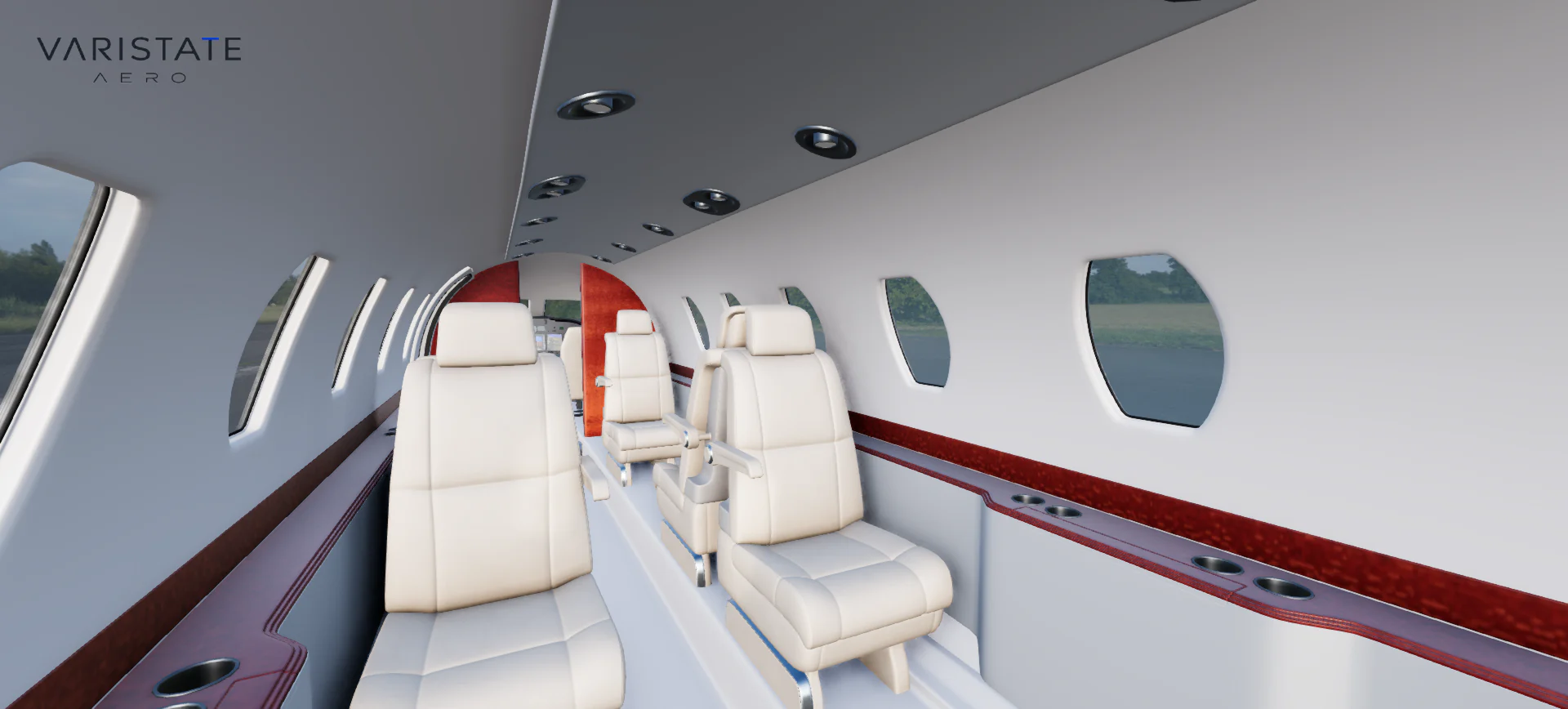 Private jet cabin with cream passenger seats, light walls and red wood-style side trim