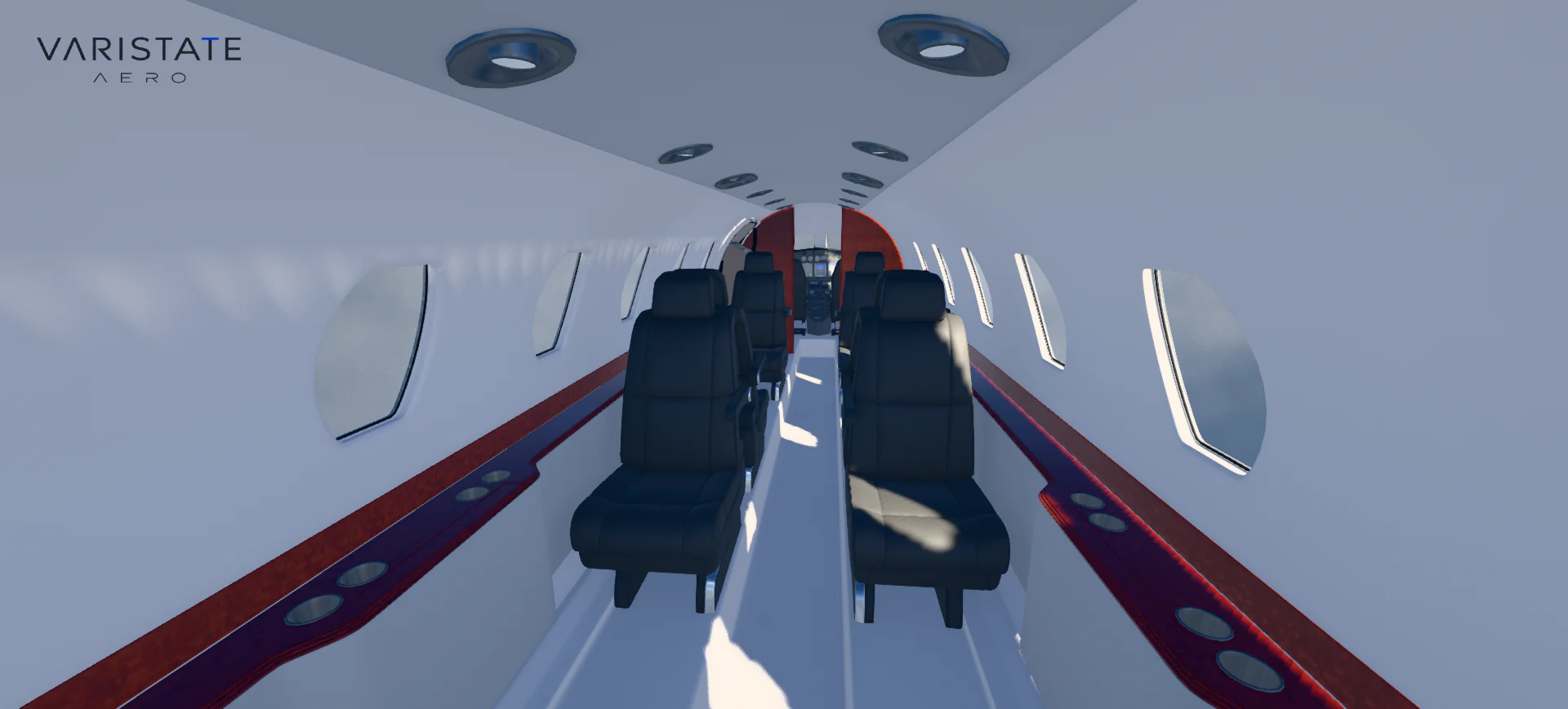 Private jet cabin with dark passenger seats, pale walls and red side ledges while flying above the clouds