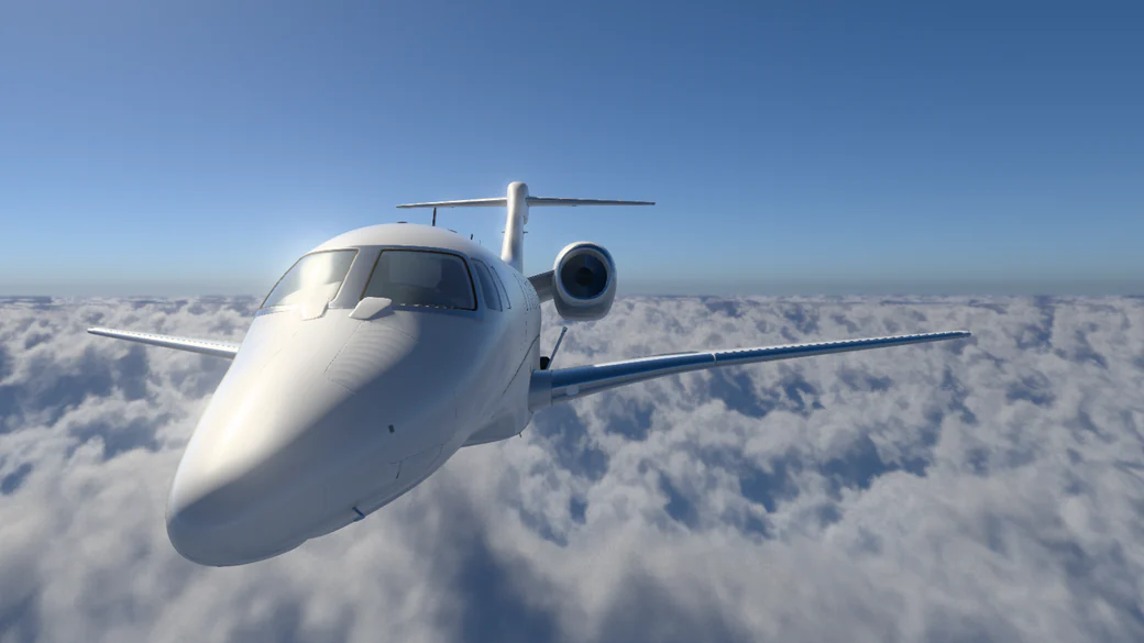 White private jet viewed from the front and side above a continuous layer of clouds in the VariState Aero 3D configurator