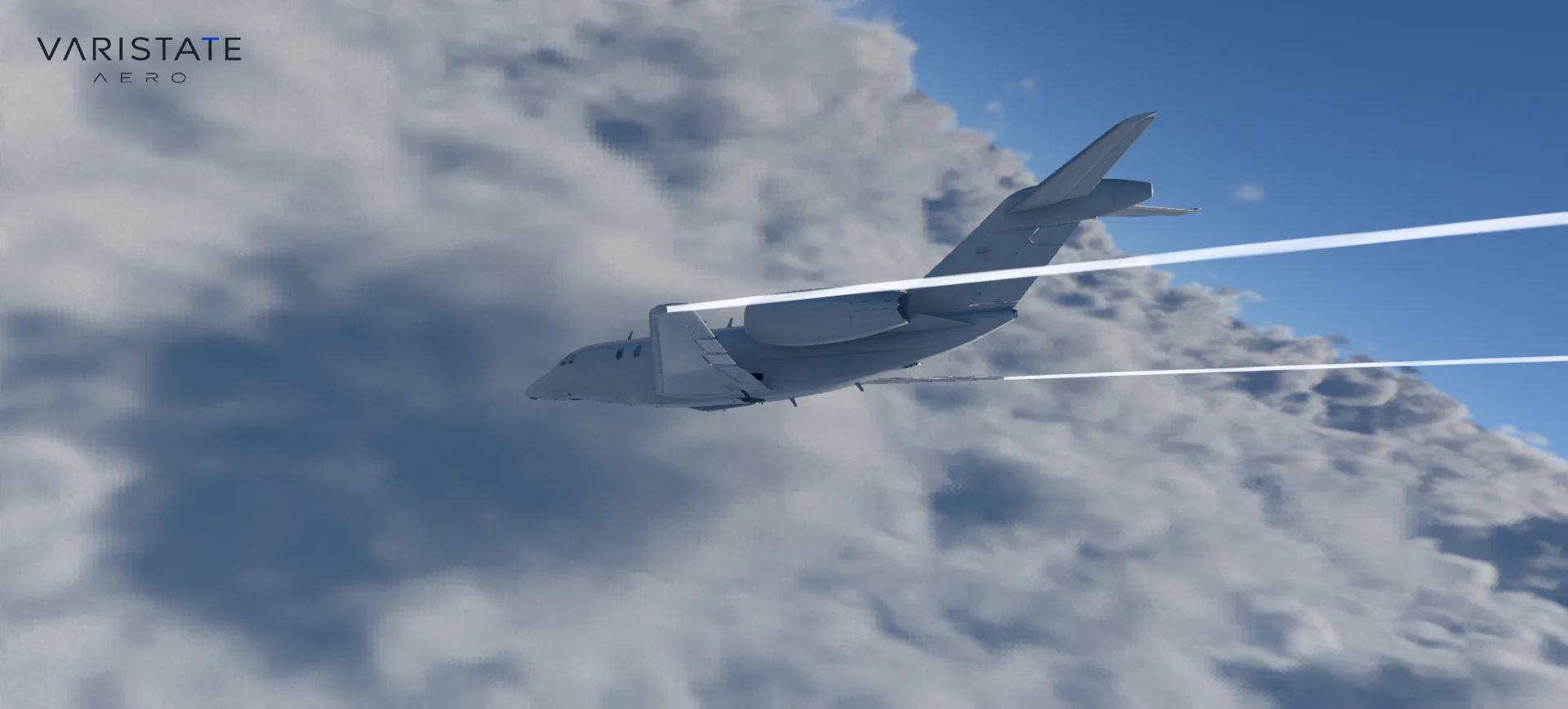 Private jet seen from below and behind above clouds with two white trails extending from its engines