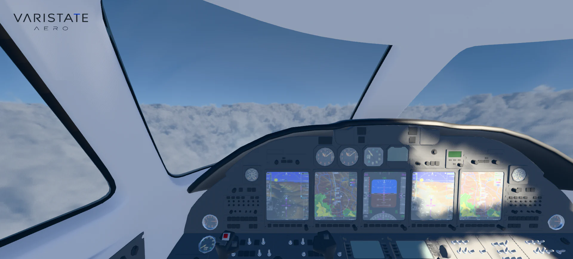 Private jet cockpit instrument panel with illuminated displays and clouds visible through the windshield