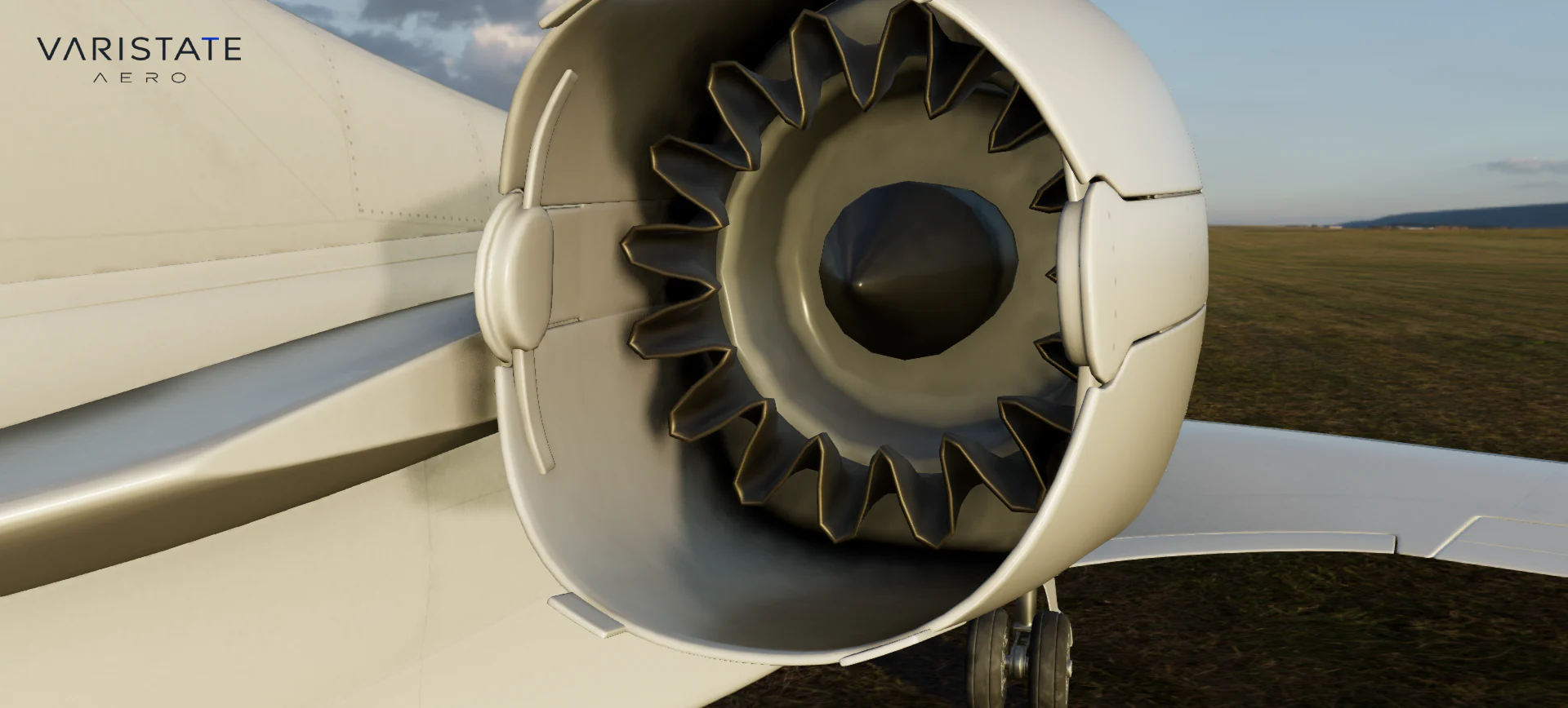 Close view of a private jet engine intake, fan blades and cream exterior finish