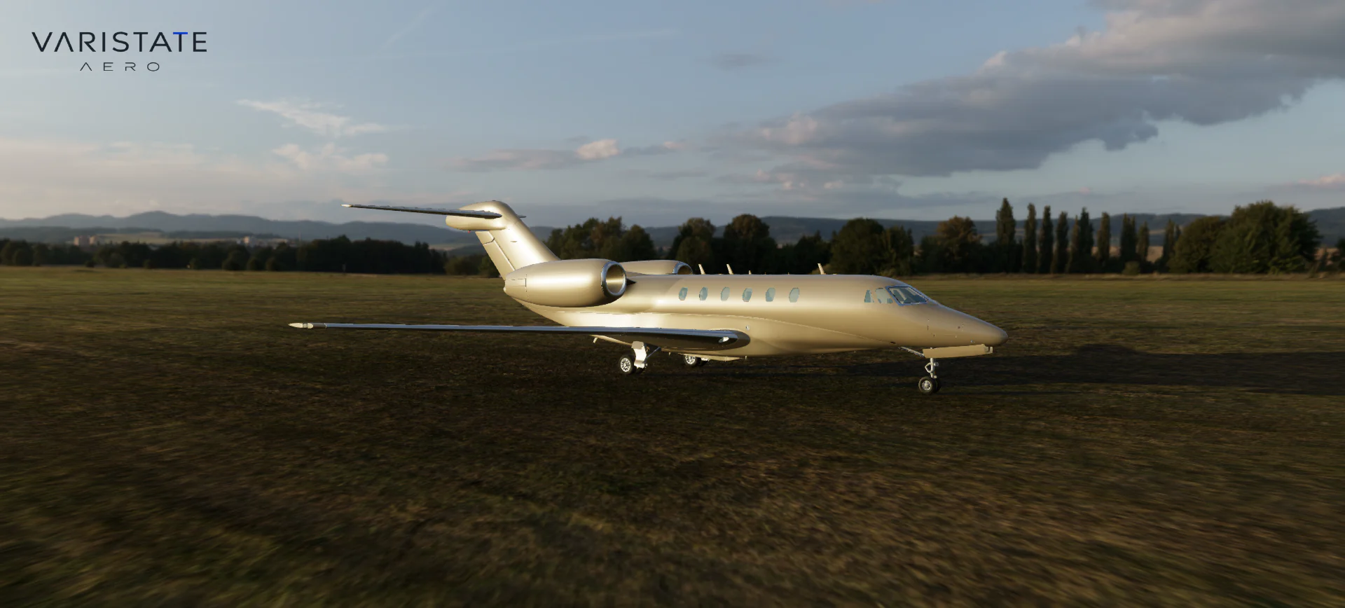 Gold private jet shown in side profile on a grass airfield with distant hills