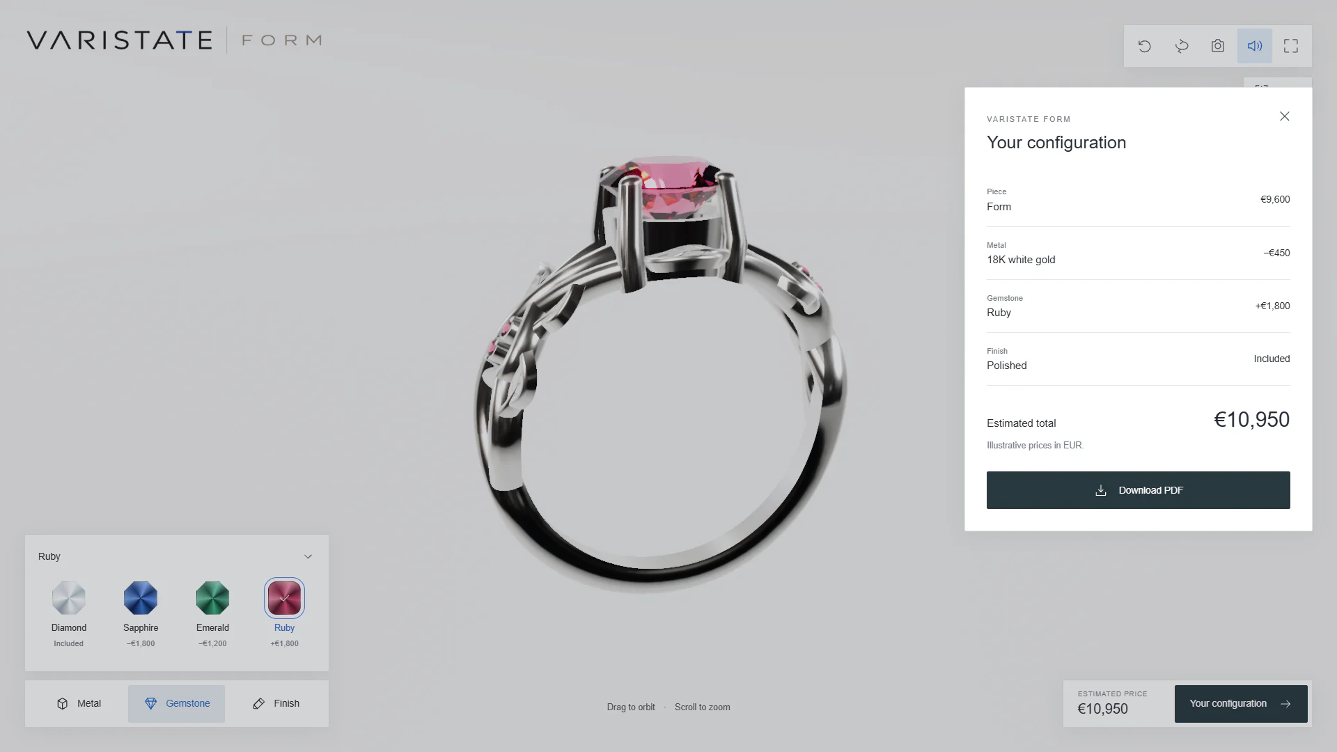 VariState FORM configuration summary showing 18K white gold, Ruby, Polished finish, an illustrative estimated total and Download PDF