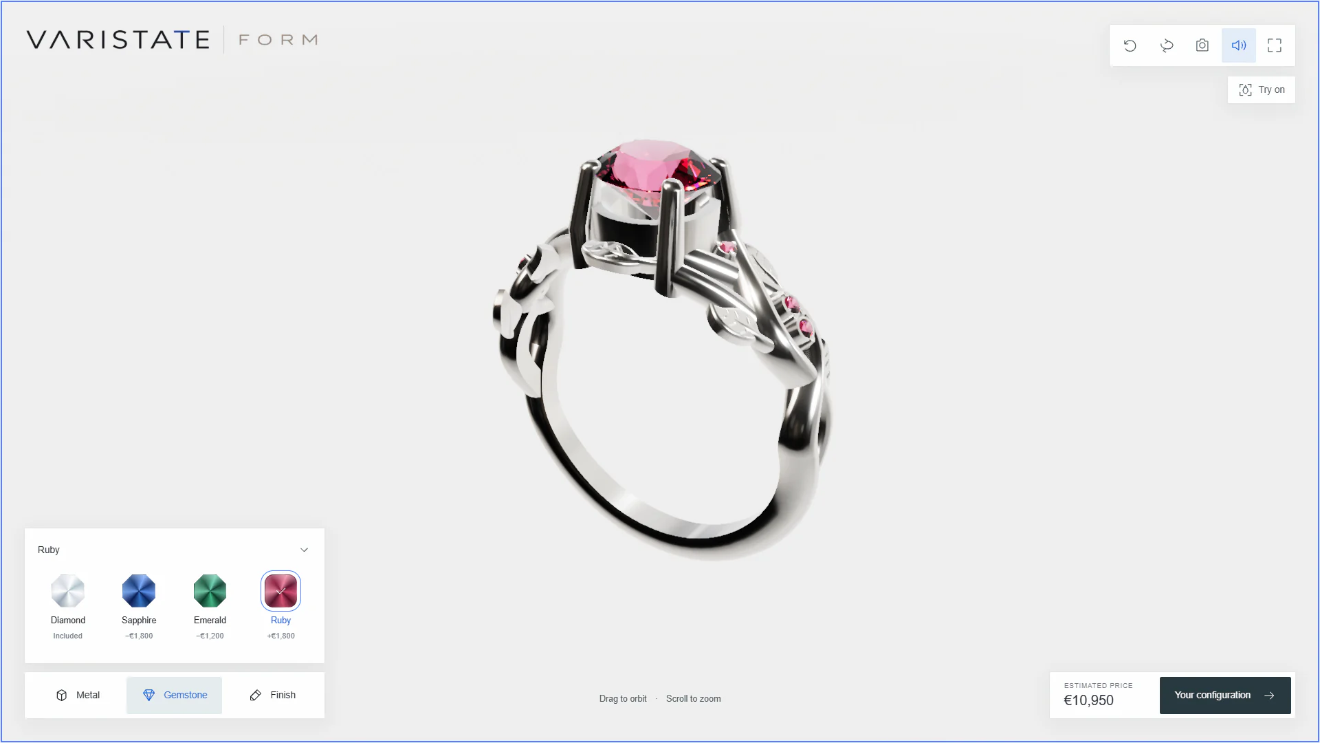 VariState FORM ring configurator with Diamond, Sapphire, Emerald and Ruby choices, a ruby ring preview and an estimated price