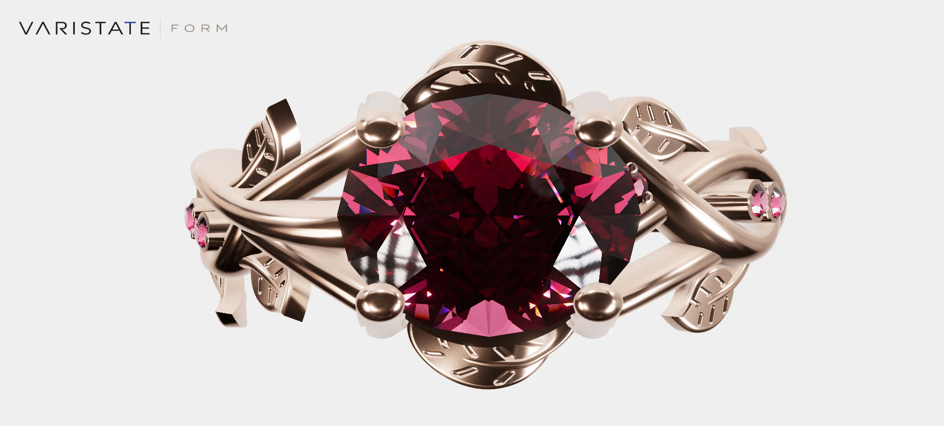 Large ruby centre stone in a rose-gold ring with curved shoulders, smaller pink stones and leaf details