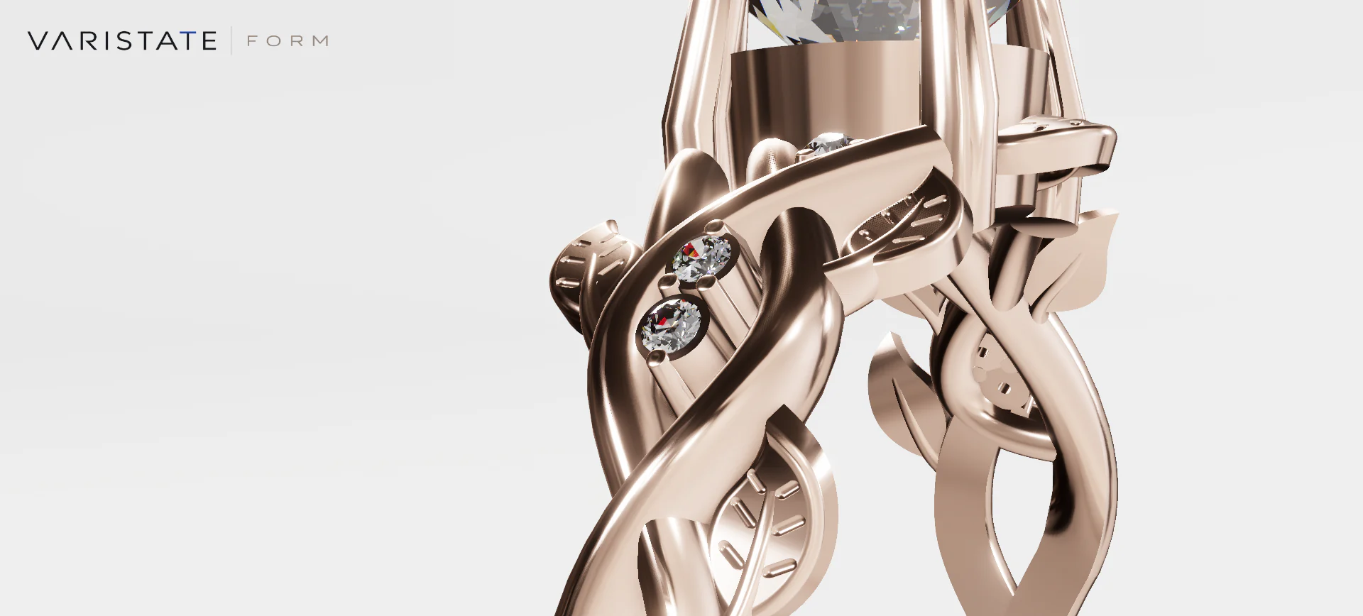 Close view beneath a rose-gold ring's centre setting with curved shoulders, clear accent stones and leaf shapes