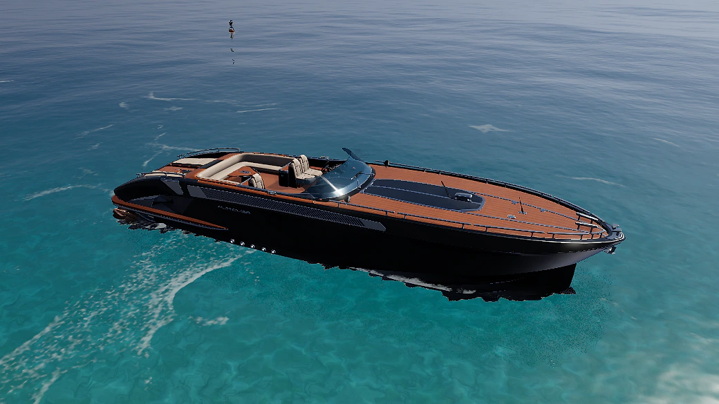 Black and teak sport yacht seen from above on turquoise water with a pale wake beside it
