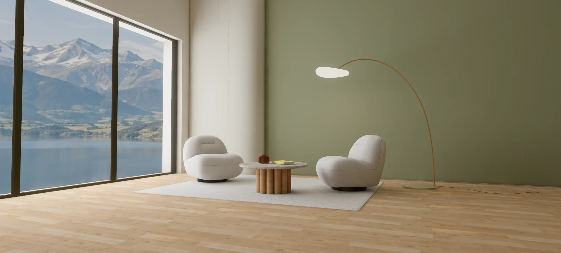 Daylight view across a wood-floored lounge with cream chairs, a round table, a pale rug and an arc lamp against an olive wall