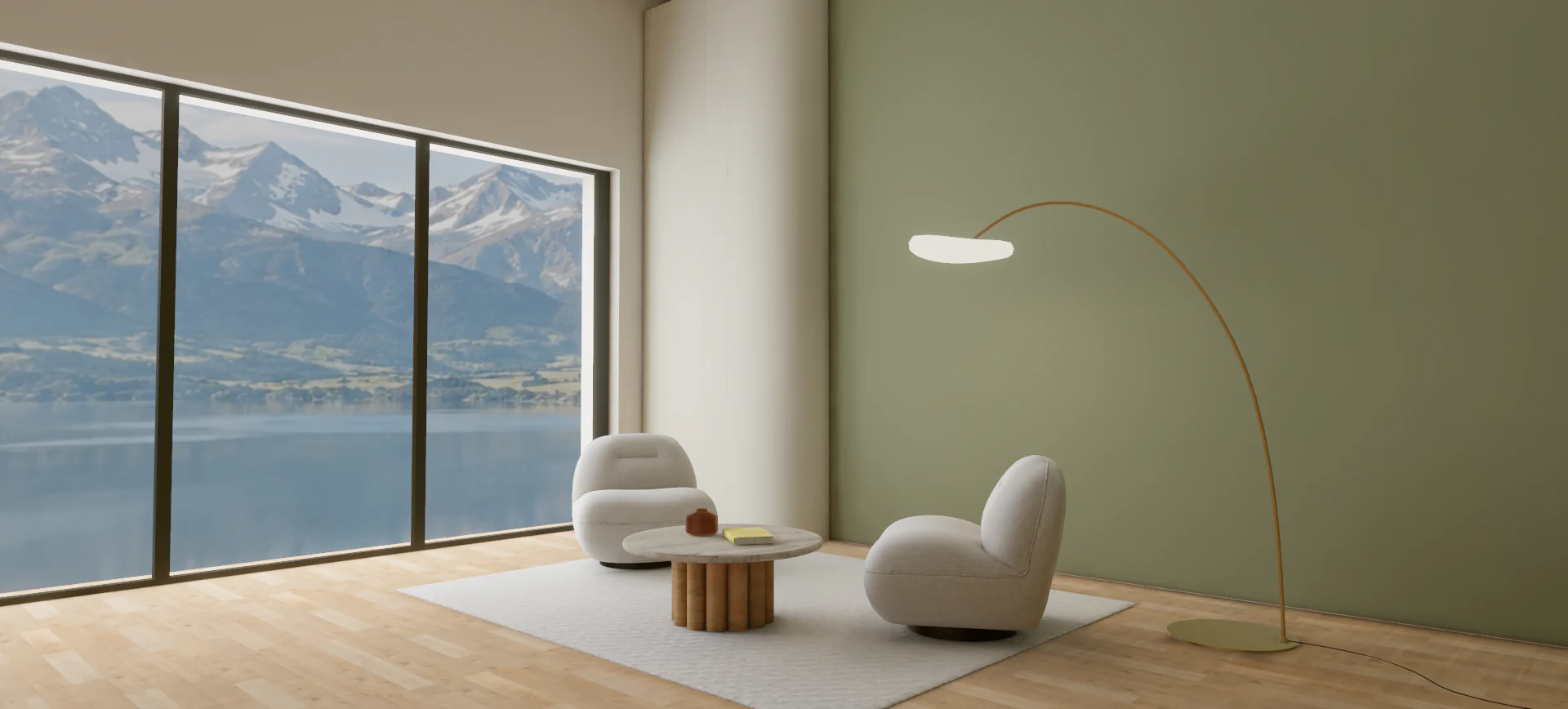 VariState SPACE interior with two cream lounge chairs, a round stone-topped table and an arc floor lamp beside lake and mountain views