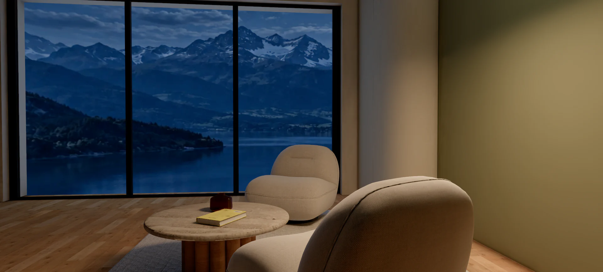 Close evening view of textured cream lounge chairs and a stone-topped table with a yellow book and brown vase beside a lake-facing window