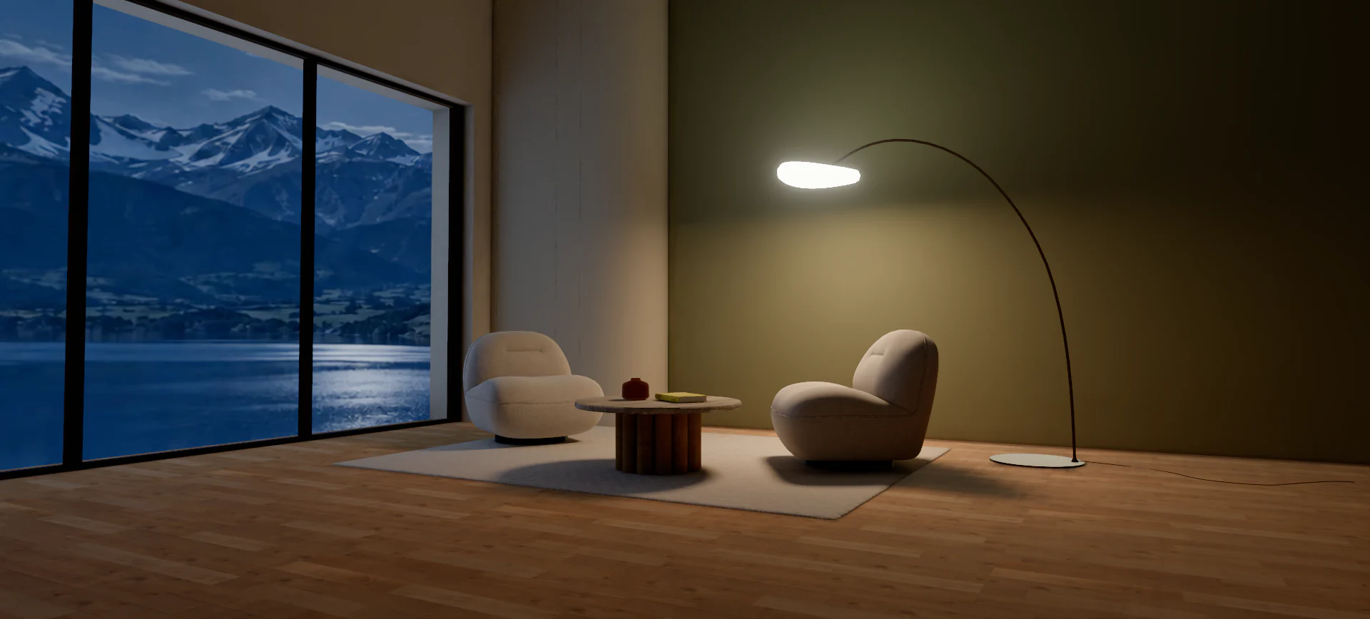 Cream lounge chairs and a round stone-topped table under a glowing arc floor lamp with a blue evening lake and mountains beyond the windows