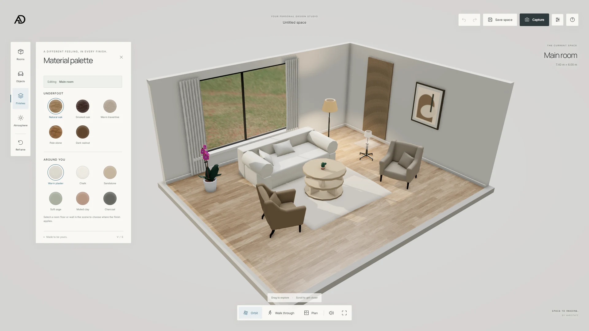 Floor and wall finish swatches alongside a furnished room in the VariState SPACE 3D room planner