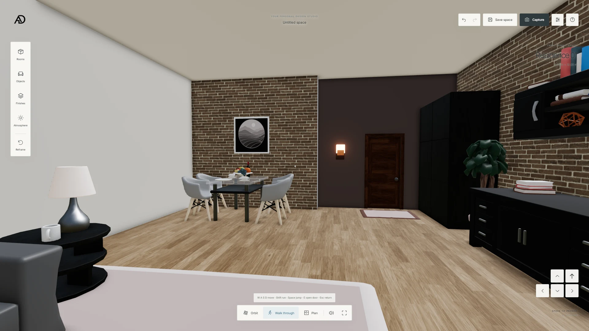 Eye-level view of a furnished residence with brick walls, a dining table, dark storage and walkthrough navigation controls in VariState SPACE